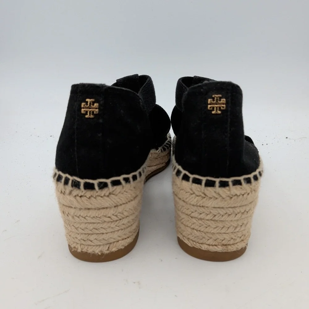 Tory Burch Catalina Black Canvas Espadrille Wedge Sandals Gold Logo Womens 10M